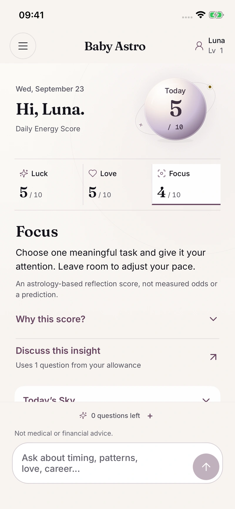 Baby Astro build-36 Focus insight with fictional Luna profile and reflection score