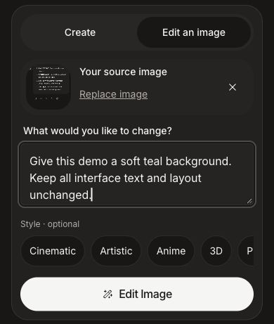 Brainbaby web image editor with a public reference image and an unsubmitted editing brief