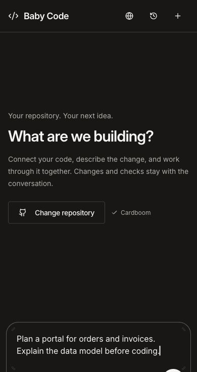 Baby Code web workspace with a fictional unsubmitted customer portal brief