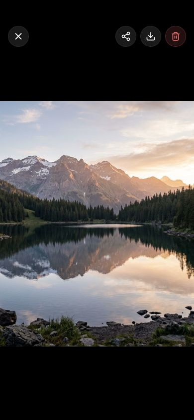Generated alpine-lake image in the archived web viewer, with share/download controls