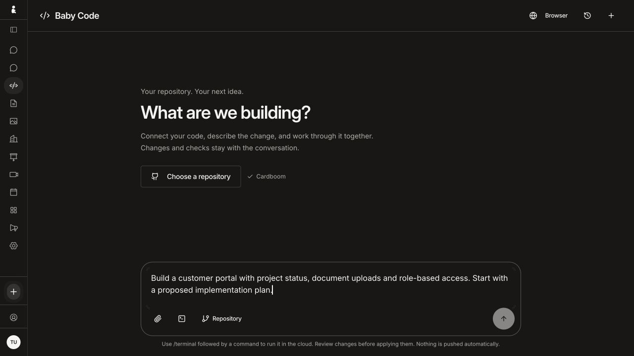 Baby Code · Browser setup, 3 October 2026. Fictional brief; no code or command submitted.