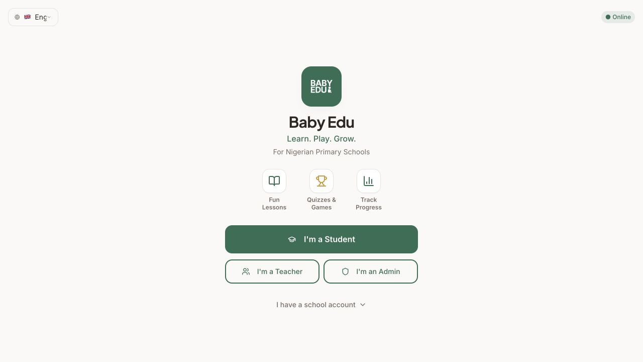 Baby Edu entry screen with student, teacher and administrator choices