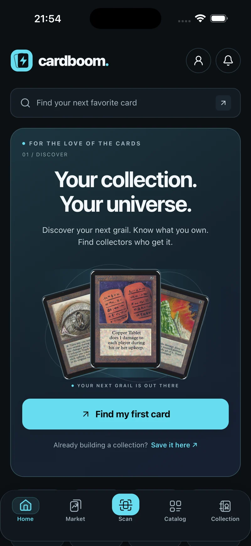 شاشة الاكتشاف في تطبيق Cardboom للجوال