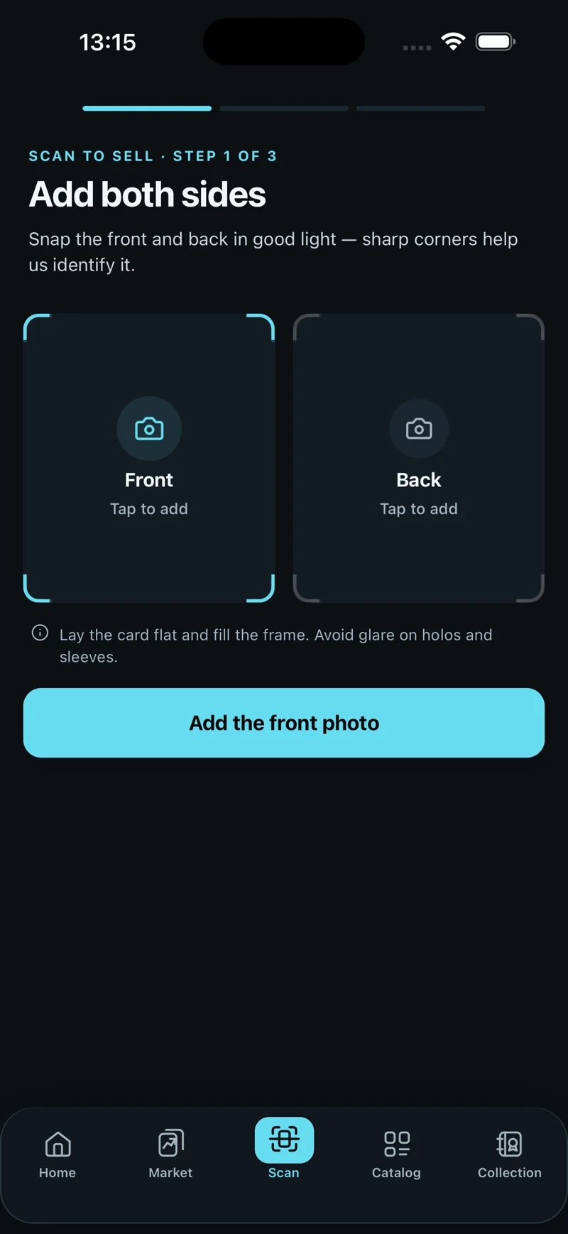 شاشة بدء المسح بالكاميرا لتحديد بطاقة في Cardboom