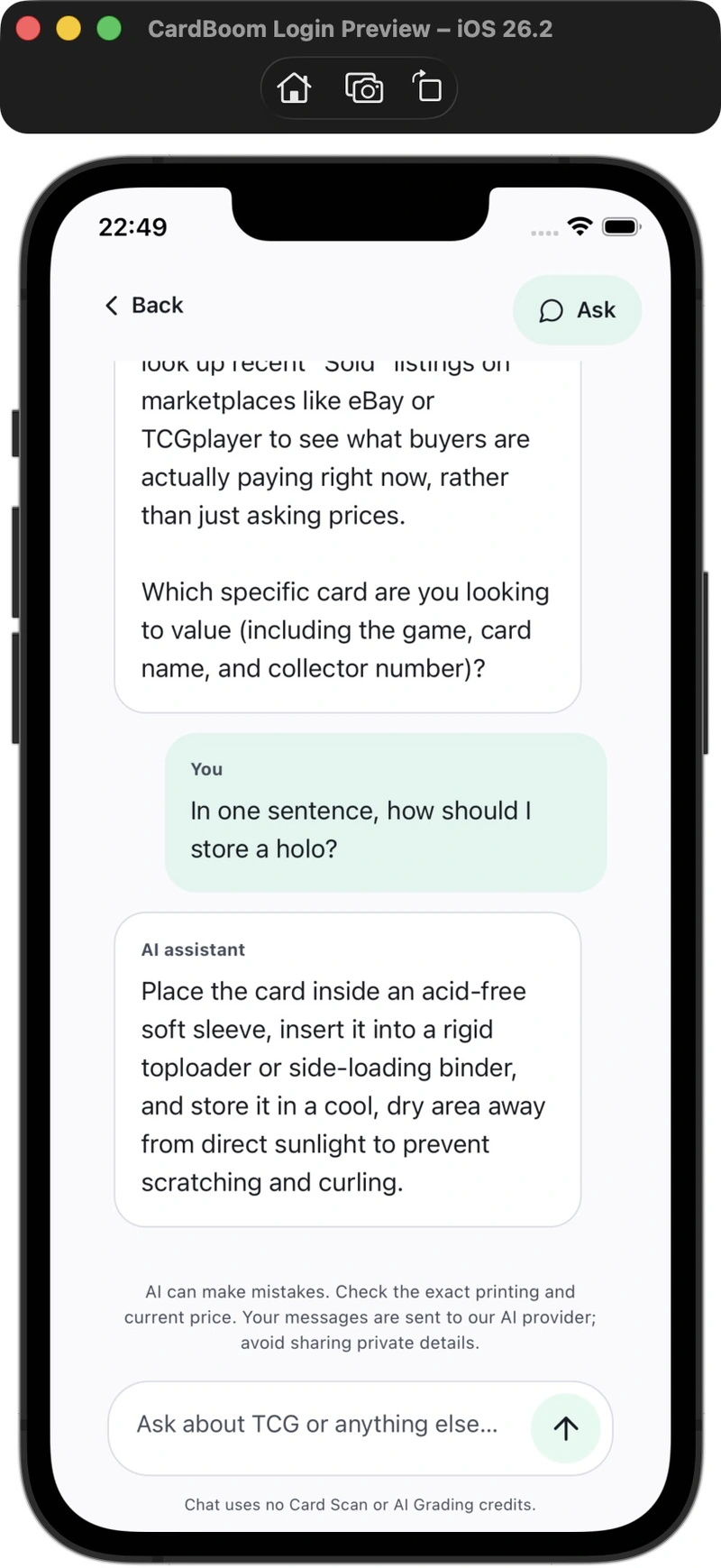 Cardboom mobile assistant: recorded holo-card storage question and actual response