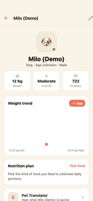 Yapzy fictional pet profile and weight entry — Expo web preview, 3 October 2026