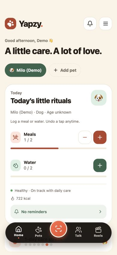 Yapzy care dashboard with a locally recorded meal and daily care controls