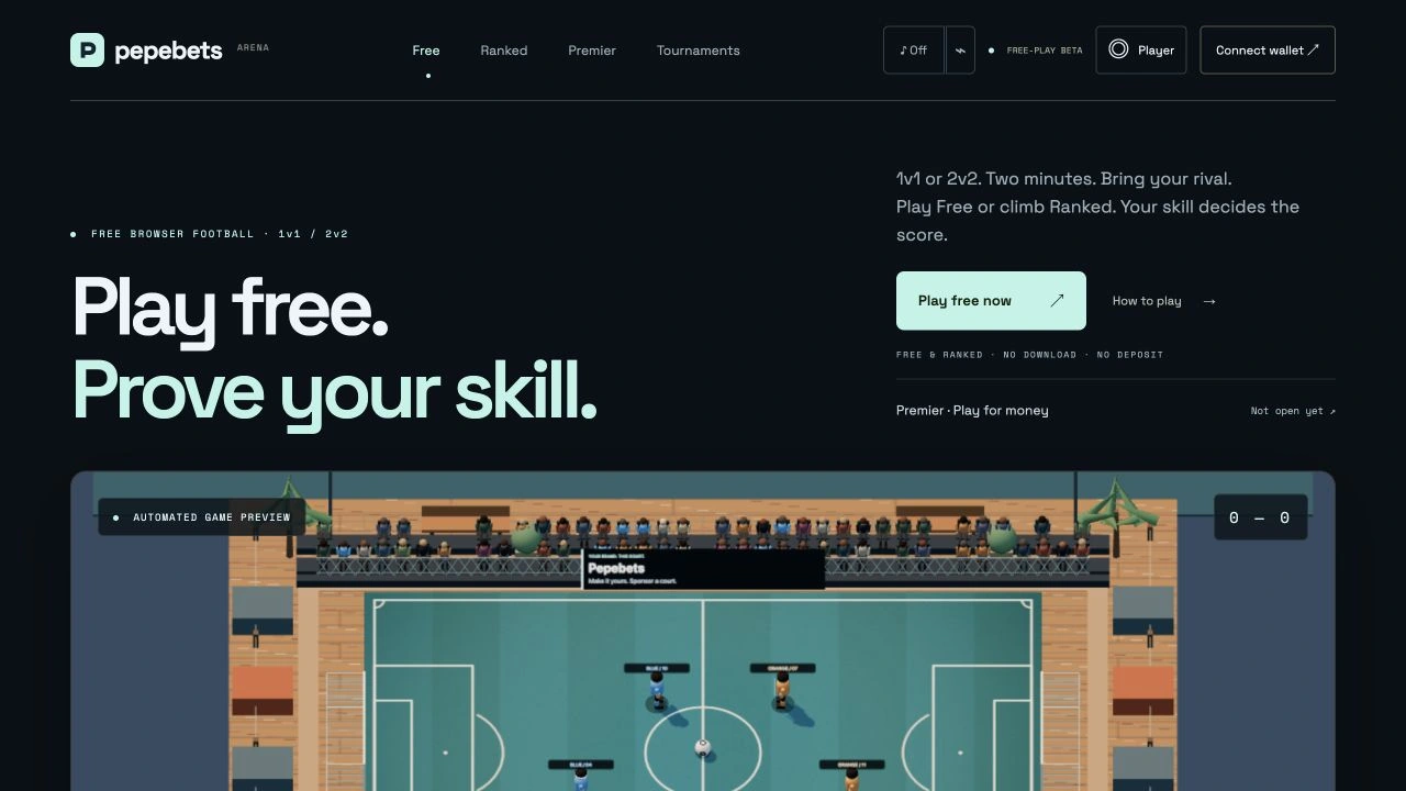 Pepebets homepage with Play free, Prove your skill and an automated football-game preview
